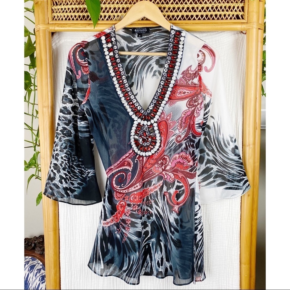 MARINEBLU BEADED SHEER  FLORAL‎ PAISLEY  BLOUSE​​​​​